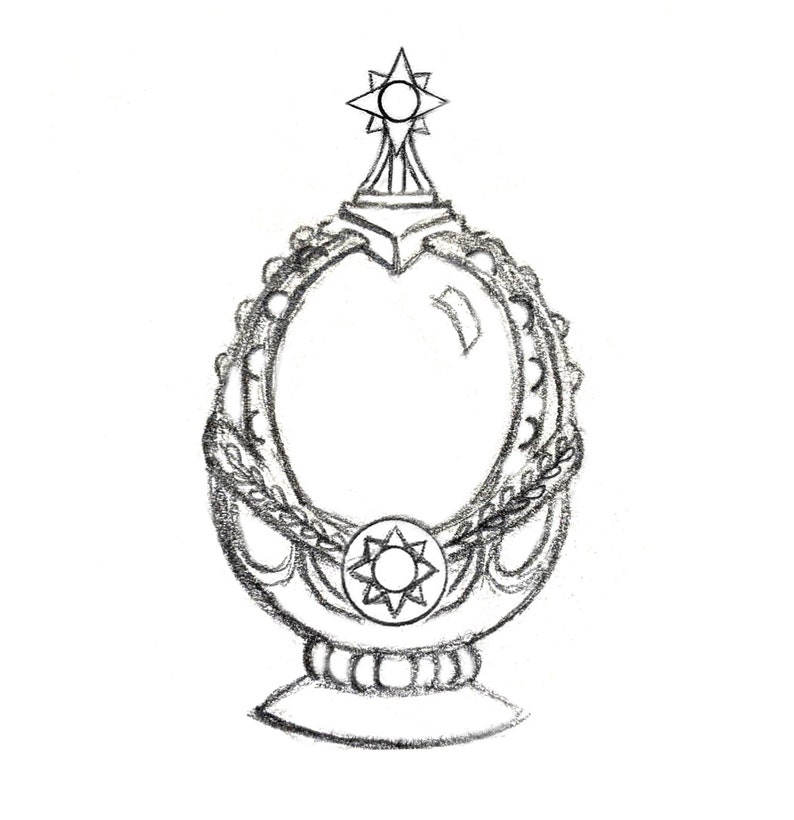 May include: A silver, ornate egg-shaped object with a star-shaped top and a circular base. The egg is decorated with a beaded border and a star-shaped design in the center.