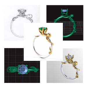 Pu&ograve; includere: Un anello d'argento con una pietra preziosa verde e un design di polpo dorato. L'anello &egrave; mostrato in diverse fasi di progettazione, da uno schizzo a matita a un modello 3D.