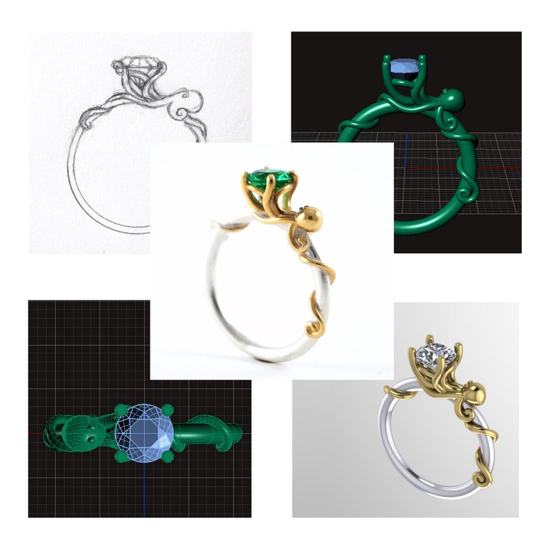 Pu&ograve; includere: Un anello d'argento con una pietra preziosa verde e un design di polpo dorato. L'anello &egrave; mostrato in diverse fasi di progettazione, da uno schizzo a matita a un modello 3D.