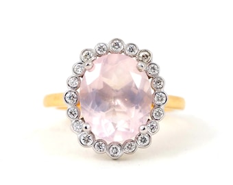 Rose Quartz Beauty - Handmade 3D CAD Vintage Inspired New Oval Two Tone White and Yellow gold Diamonds Engagement Alternative Wedding Ring