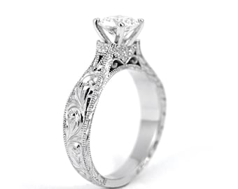 Antique Elegant Disney Princess Ring Vintage Antique Inspired White Gold and Diamond Engagement Ring Millgrain Scrollwork Engraving Rickson