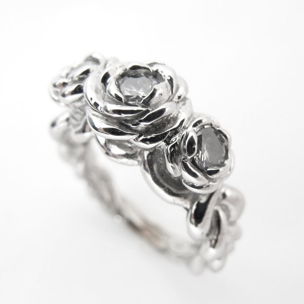 Rose Ring Silver - Unique Alternative Engagement Ring, White Gold and Diamonds, Made to Order, Anniversary Present, Rickson Jewellery 119a