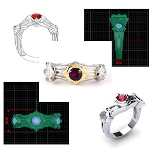 Pu&ograve; includere: Un anello d'argento con una pietra rossa e due pietre bianche pi&ugrave; piccole. L'anello ha un design dettagliato con un accento dorato.