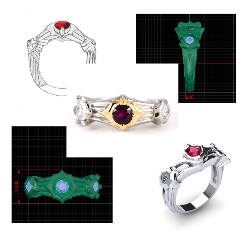 Pu&ograve; includere: Un anello d'argento con una pietra rossa e due pietre bianche pi&ugrave; piccole. L'anello ha un design dettagliato con un accento dorato.