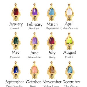 May include: A chart showing the birthstones for each month of the year. The chart features a gold pendant with a gemstone for each month. The gemstones are: Garnet, Amethyst, Aquamarine, Cubic Zirconia, Emerald, Alexandrite, Ruby, Peridot, Blue Sapphire, Rose, Yellow Topaz, and Blue Zircon.