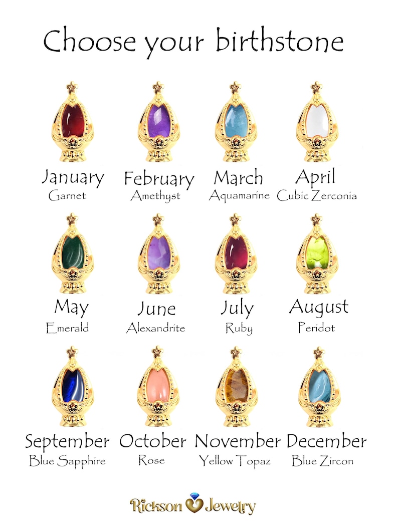 May include: A chart showing the birthstones for each month of the year. The chart features a gold pendant with a gemstone for each month. The gemstones are: Garnet, Amethyst, Aquamarine, Cubic Zirconia, Emerald, Alexandrite, Ruby, Peridot, Blue Sapphire, Rose, Yellow Topaz, and Blue Zircon.