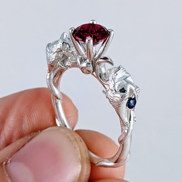 Phoenix Fire Bird Engagement Ring - Custom Crescent Moon Wedding Ring with Birthstones and a Heart Unique Rickson Jewellery