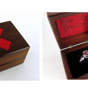 Custom Engagement Ring Box Claddagh Wolf Cat Music Unique Skull Harley Quinn Push Present Nature Inspired Geek Nerd Goth Sound wave Rose Harley Quinn Box