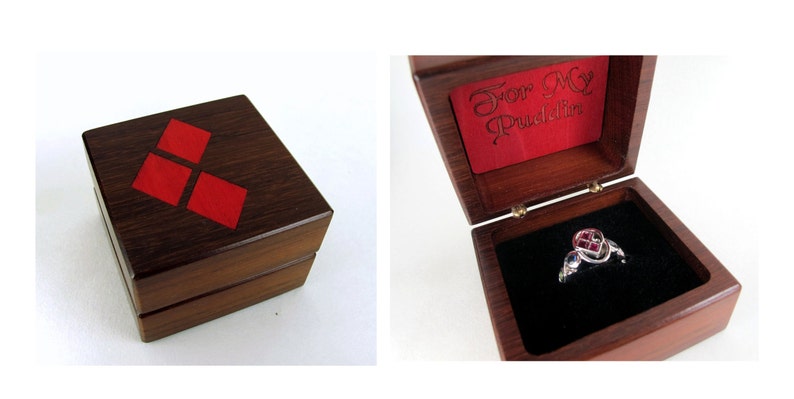 Custom Engagement Ring Box Claddagh Wolf Cat Music Unique Skull Harley Quinn Push Present Nature Inspired Geek Nerd Goth Sound wave Rose Harley Quinn Box