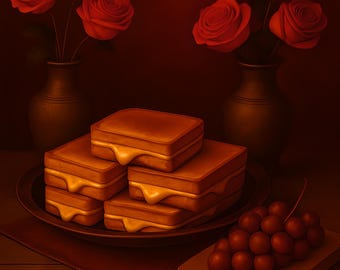 Gegrilde kaas | Leuke muurkunst eten, humeurige keuken grappig stilleven schilderij barwagen kunst donkere grillige prints rozen Cottagecore-print
