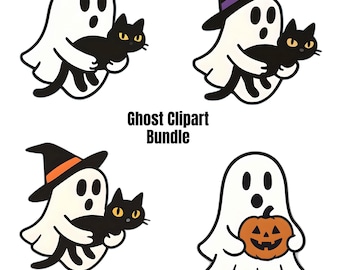 Schattig spook clipartbundel, Halloween PNG, zwarte kat sticker digitale download, heksenhoed griezelig seizoen kunst, kawaii herfstdecor, commercieel gebruik