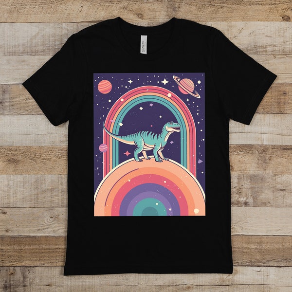 Dinosaur on a Planet Unisex T-Shirt, Unique Gift for Friends/Family, Dinosaur and Space-Themed Apparel, Vector Design, AI-Generated Clothing