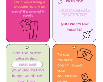 May include: Four colourful printable gift tags with text thanking nurses for their dedication and kindness. The tags feature illustrations of a stethoscope, a heart, a nurse's cap, and a heartbeat line.