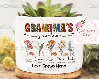 Muttertagsgeschenk, personalisierter Omas Gartenpflanzentopf, individueller Blumentopf für den Geburtsmonat, Garten-Enkelkinder-Blumentopf, Oma-Geschenk