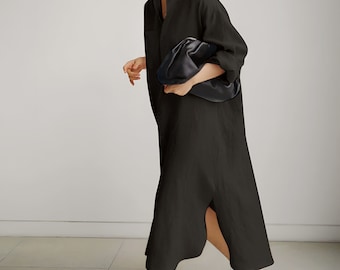 Black Womens Maxi Shirt Dress Long-sleeved Dresses Linen Shirts Minimalist Dark Boho Gifted Button Loose Shirt Gift For Her Dress Plus Size