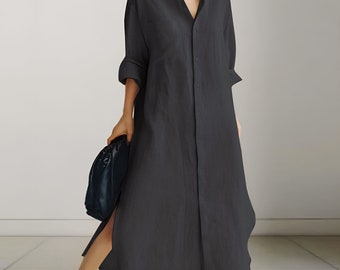 Dark Blue Womens Maxi Shirt Dress Long-sleeved Dresses Linen Shirts Minimalist Giftful Boho Button Loose Shirt Gift For Her Dress Plus Size