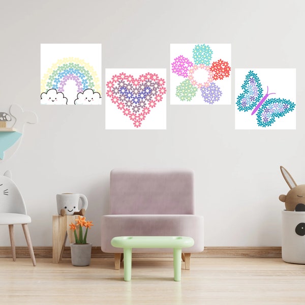 cute 4 panel decor great for a nursery, kids bedroom, or playroom. daisies make up the form of a rainbow, flower, heart and butterfly.