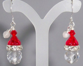 Santa's Head and Hat Swarovski Crystal Holiday Dangle Earrings