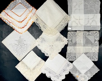 9 Vintage Lace Handkerchiefs - Hairpin, Madeira, Net, Crochet - Lovely Selection