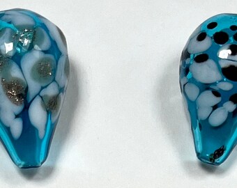 16 Handblown Lampwork Teardrop Beads Transparent Aqua with Black, White & Gold