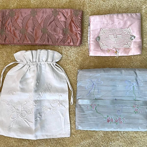 Lot Of 4 Different Vintage Handkerchief Storage Pouches Bags