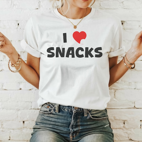 I Love Snacks, Unisex Slogan Tee, Heavy Cotton Graphic Tee, Woman’s Food T-shirt,  Mens Snack Shirt Gift T Shirt, Classic Design, Foodie