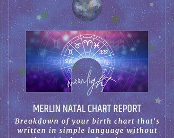Relatório do mapa natal Merlin em 24 horas, relatório astrológico personalizado, astrologia do caminho de vida, análise do mapa natal do zodíaco