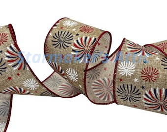 Beautiful 2.5 inch Wired Natural / Beige Ribbon with Red, White & Blue Fireworks - 5 Yards For Bows, Wreaths, Decor, Hairbows, Patriotic