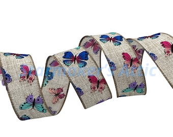 Beautiful 1.5 inch Wired Linen Ribbon in Natural / Beige with Blue & Pink Butterflies - 5 Yards For Bows, Wreaths, Decor, Hairbows, Spring