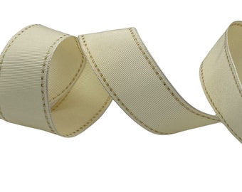 Beautiful 1.5 inch Wired Grosgrain Ribbon in Ivory with Gold Dots - 5 Yards For Bows, Wreaths, Decorating, Wrapping, Hairbows, Christmas