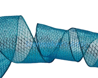 Beautiful 2.5 inch Teal Sheer and Glitter Wired Mesh Ribbon - 5 YARDS For Bows, Wreath, Decorating Mermaid, Peacock, Spring Summer Christmas