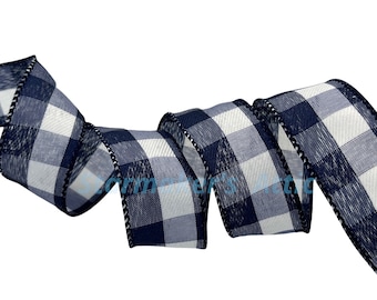 Beautiful 1.5 inch Navy Blue and White Checked Ribbon with a Wired Edge - 5 Yards Great for Bows, Wreaths, Decorating and Gift Wrapping!