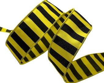 Beautiful 1.5 inch Black and Yellow Ribbon with a Wired Edge - 5 Yards Great for Bows, Wreaths, Decor, Farmhouse, Bee, Hairbows, Spring