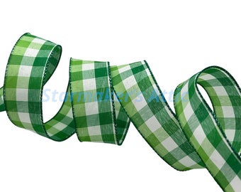 Beautiful 1.5 inch Wired Plaid Ribbon in Green and White - 5 Yards For Bows Wreaths Decor Hairbows Spring Farmhouse St. Patrick's Day Fall