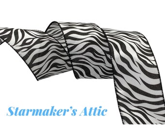 Beautiful 2.5 inch Ribbon in White and Black Zebra Print and a Wired Edge - 5 Yards For Bows, Wreaths, Decorating and Wrapping!