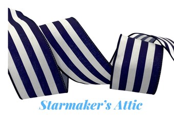 Beautiful 2.5 inch Wired Satin Navy Blue and White Ribbon in Cabana Stripes - 5 Yards - Perfect for Bows, Wreaths, Decorating and Wrapping!