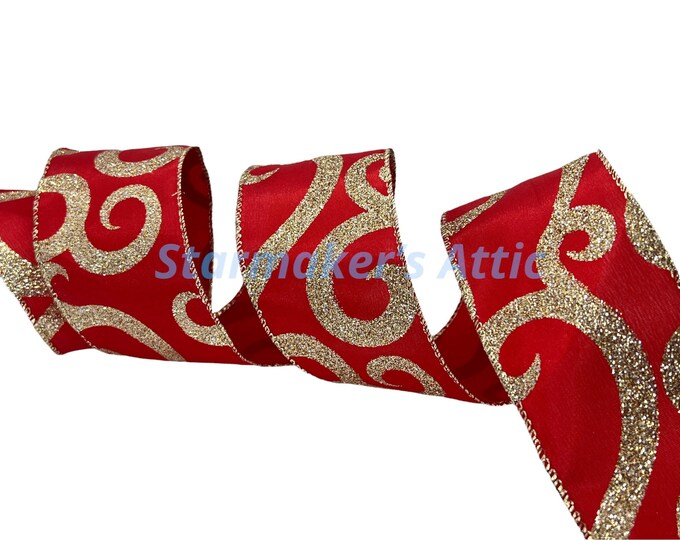 Beautiful 2.5 Inch Wired Satin Ribbon in Red With Gold Glitter Swirl ...