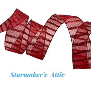 5 YARDS of 1.5 inch Wired Sheer Metallic Red Ribbon with Glitter Stripes - For Bows, Wreaths, Decor, Hairbows, Christmas Valentine