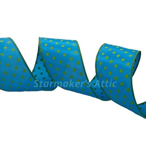 Beautiful 2.5 inch Wired Satin Ribbon in Blue with Lime Green Polka Dots - 5 YARDS For Bows Wreaths Decor Hairbows Spring Summer