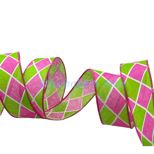 Beautiful 1.5 inch Wired Harlequin Diamond Linen Ribbon in Hot Pink & Lime Green - 5 Yards For Bows, Wreaths, Decor, Hairbows, Easter, Girl