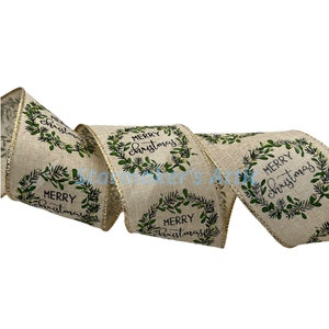 Beautiful 2.5 inch Wired Faux Burlap Ribbon with Green Wreath that has Merry Christmas in Black with Gold Glitter Highlights - 5 Yards