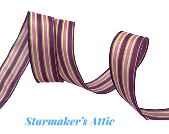 Beautiful 1.5 inch Wired White Satin Ribbon with Purple, Lime Green and Pink Stripes  - 5 Yards Perfect for Bows Wreaths Decorating Hairbows