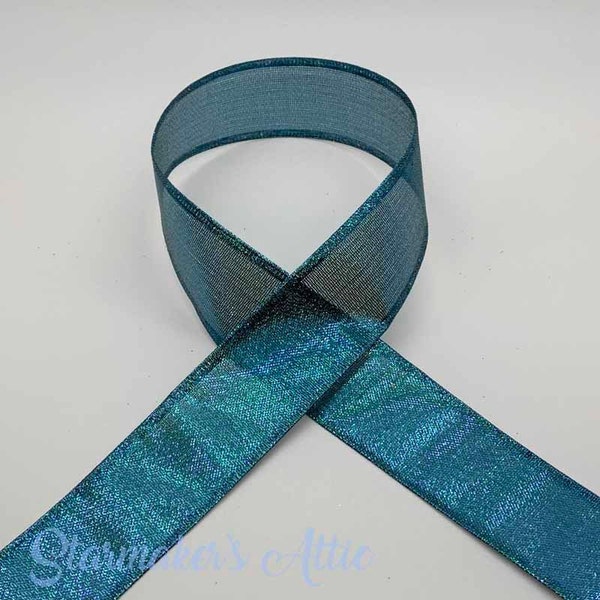 Beautiful 1.5 inch Wired Sheer Dark Teal Metallic Ribbon - 5 Yards For Bows, Wreaths & Decorating Mermaid, Beach Ocean Summer, Peacock Pool