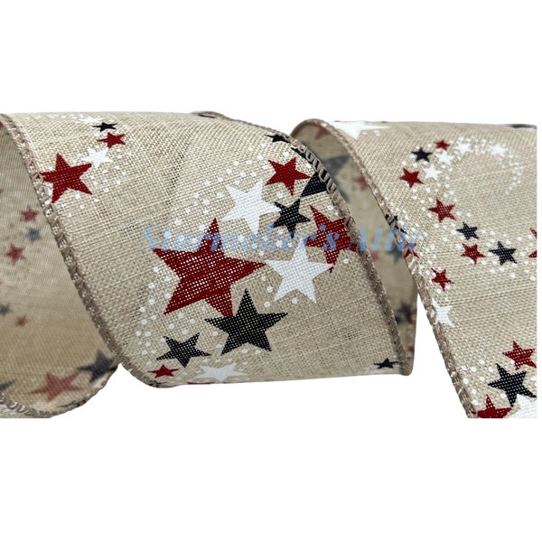 5 YARDS of 2.5-inch Wired Ribbon in Beige with Streaming Red White and Blue Stars - Bows Wreaths Decor Hair Bows Independence Day Patriotic