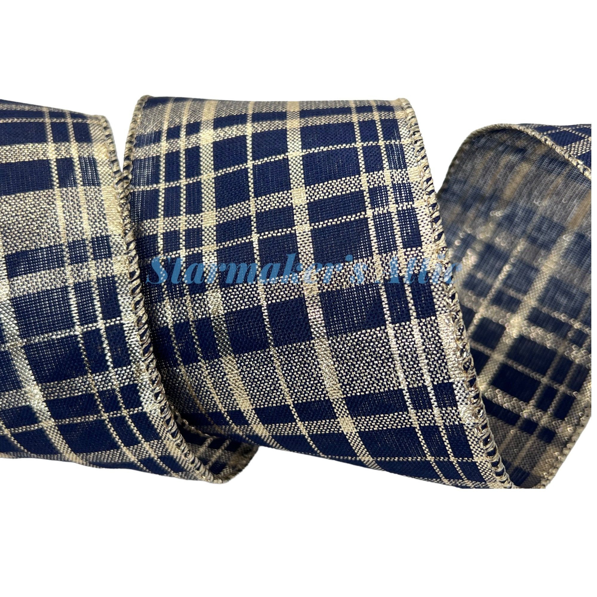 Five YARDS of 2.5 inch Gina Plaid Wired Ribbon in Navy Blue and Metallic Gold -  Bows Wreaths Decor Hair Bows Christmas Farmhouse Winter