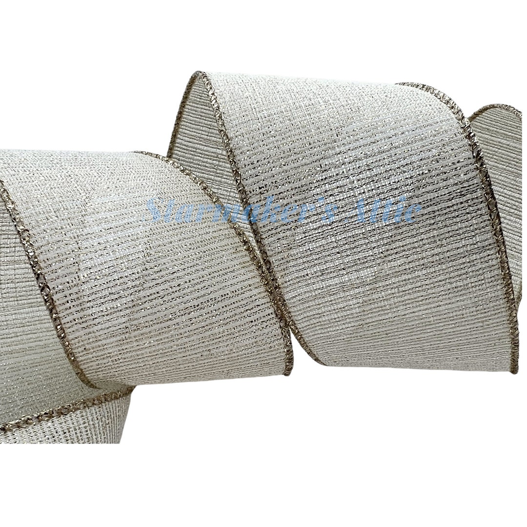 Beautiful 2.5 Inch Wired Ribbon in Beige With Metallic Gold Threads - 5 ...
