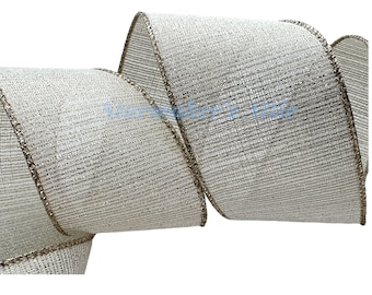 Beautiful 2.5 inch Wired Ribbon in Beige with Metallic Gold Threads - 5 YARDS For Bows Wreaths Decor Hair Bows Christmas Wedding Anniversary