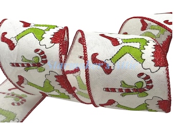 5 YARDS Cute Wired 2.5 Christmas Ribbon in White with Grinch Legs & Candy Canes - For Bows Wreaths Decor Hair Bows Dr.  Green Monster