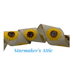 Beautiful 2.5 inch Natural Faux Burlap Wired Ribbon with Sunflowers - 5 Yards Great for Bows, Wreaths, Decorating & Gift Wrapping! Farmhouse