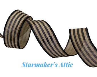 Beautiful 1.5 inch Wired Burlap Ribbon in Natural with Black Stripes - 5 Yards For Bows, Wreaths, Decorating, Hairbows, Farmhouse, Country